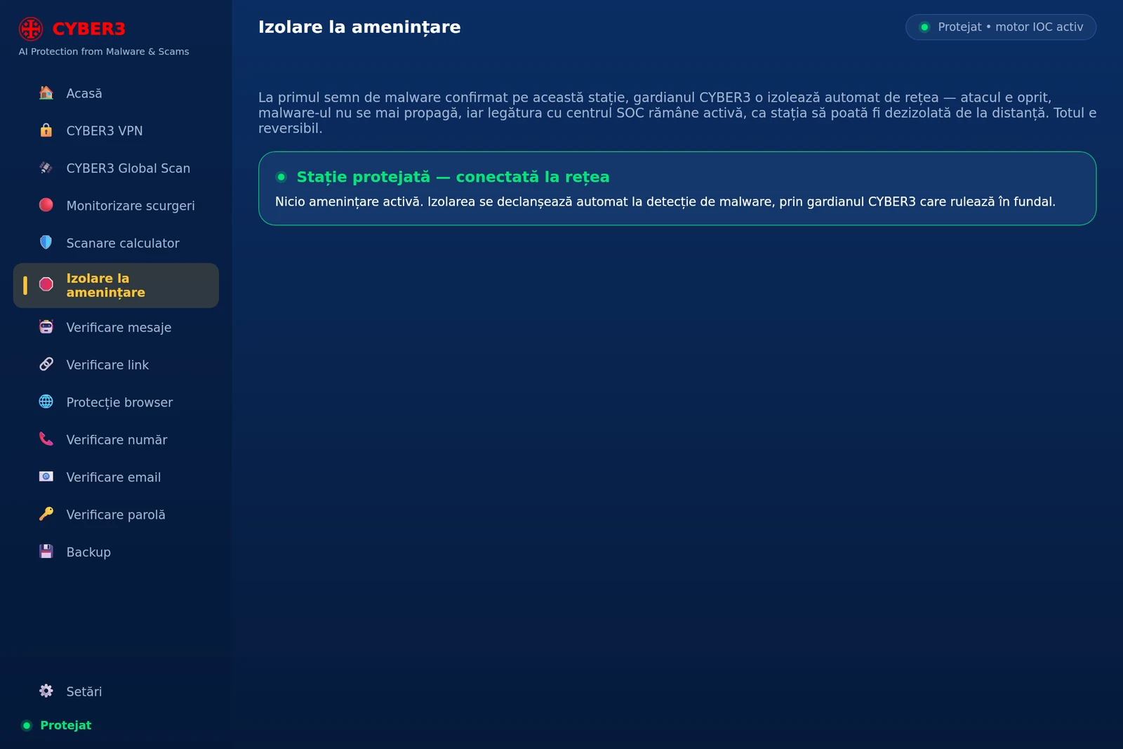 CYBER3 for Windows — Izolare amenințări